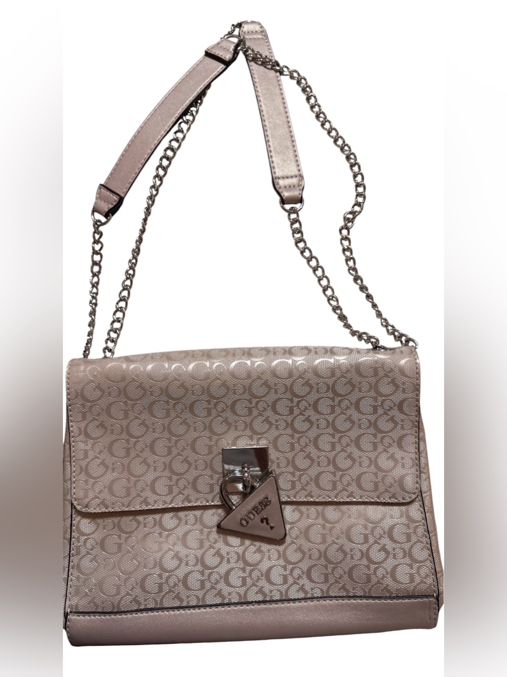 GUESS Metallic Taupe Logo Chain-Trim Shoulder Bag